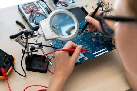 técnico trabajando en reparación tras estudiar electrónica digital