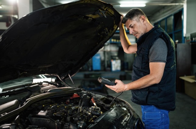 Técnico en electrónica automotriz realizando un trabajo